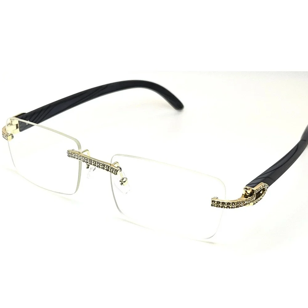 Rimless Sunglasses Men Gold Clear Lens Wood Grain Arm Fashion‎ Eyewear Rap Music